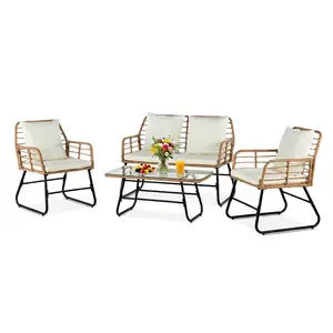 Patio Furniture Set 4 Piece, Outdoor Rattan Sofa Set with Cushions, Wicker Conversation Set with Glass Table, All Weather Garden Furniture for Backyard Porch