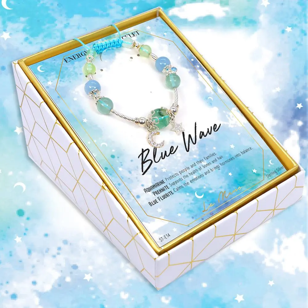 Blue Wave Bracelet - Aquamarine, Prehnite & Blue Fluorite Sterling Silver Handcrafted in USA, Adjustable Fits Up to 7.5 Inches