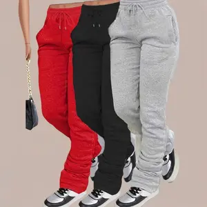 Women'S Casual Sweatpants with Pockets, Solid Color Polyester Knit Fabric, Straight Leg Drawstring Joggers, All Season Comfort Fit