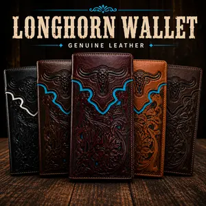 Western Long Leather Wallet – Floral Tooled Rodeo Bifold with Longhorn Design – Cowboy Checkbook Wallet for Ranch & Rodeo Style