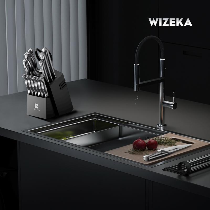WIZEKA Jaguar Series Kitchen Knife Set with Block, Dishwasher Safe 15 Pcs Professional Chef Knife Set with Knife Sharpener, Food Grade German Stainless Steel Knife Block Set Gift for men Steak knife cooking knives Kitchen Knives kitchen accessories