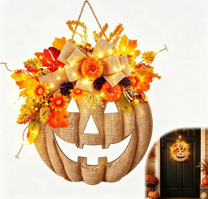 Lighted Pumpkin Halloween Wreath - Fall Harvest Front Door Decor with LED Lights, Autumn Maple Leaves, Pinecones & Buffalo Bow, Spooky Farmhouse Hanging Ornament for Indoor Outdoor Porch Entryway Holiday Decoration