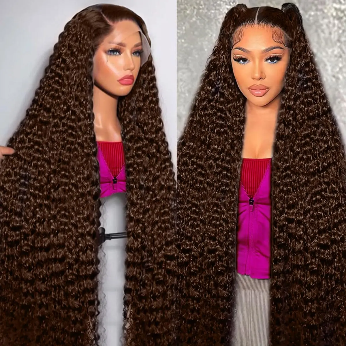 GK 13x6 Deep Wave Lace Front Wigs Human Hair Chocolate Brown Deep Curly Human Hair Wig for Women 180% Density Lace Front Wet and Wavy Wigs Pre Plucked Hair 30inch