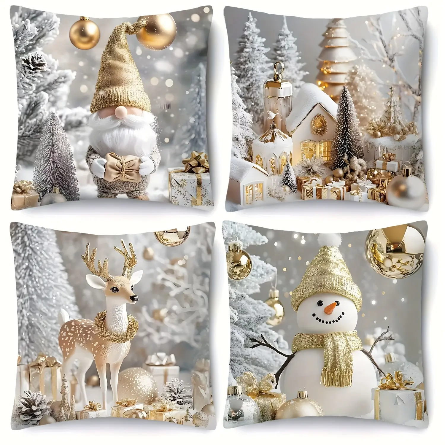 4pcs, Christmas Golden Theme Throw Pillow Covers, Snowman, Deer, House & Tree Designs,  Home Décor Products, Cushion Cover Decoration for Couch Sofa, Room Decor and Bedroom Decor, Single Sided Printing, No Pillow Core