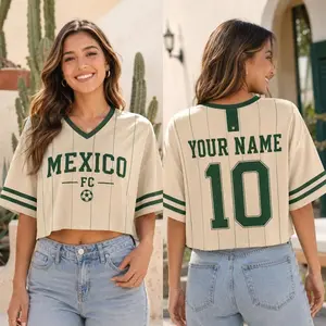Mexico FC Croptop Football Jersey, Personalized Name Number 10 Soccer Shirt, Green Cream Game Day Fan Sports Top GRD-GLLA39