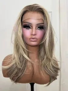 14 Inch Gradient Highlight Blonde Straight Hair Wig, Human Wig Hair, Density 150, Lace Frontal Pre-Plucked Baby Hair, Women's Daily Wear