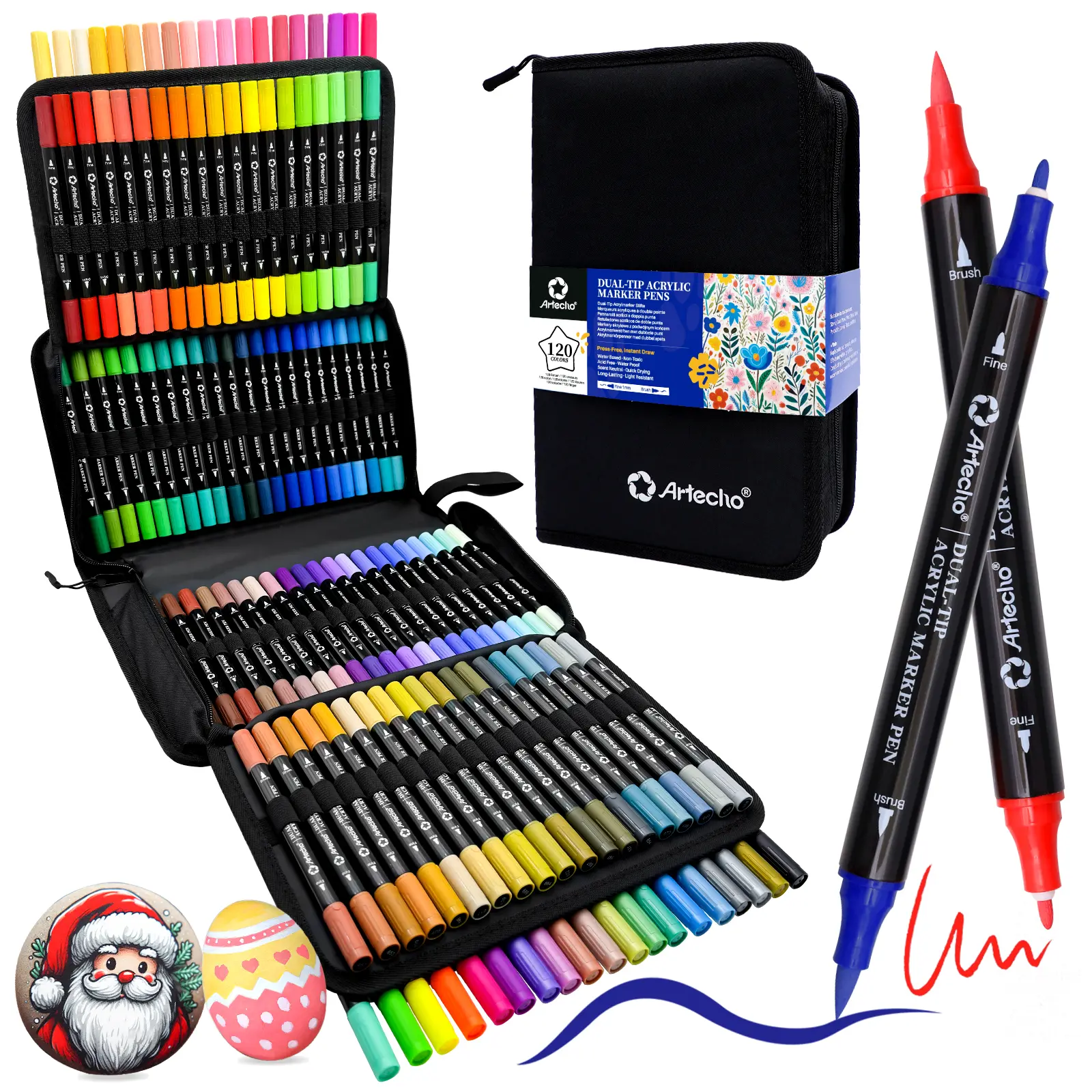 Artecho Acrylic Paint Markers Set, Dual Tip & Fine Tip PaintPens -Quick Drying & Waterproof - for Painting, Drawing,Coloring & DlY, Christmas Gift
