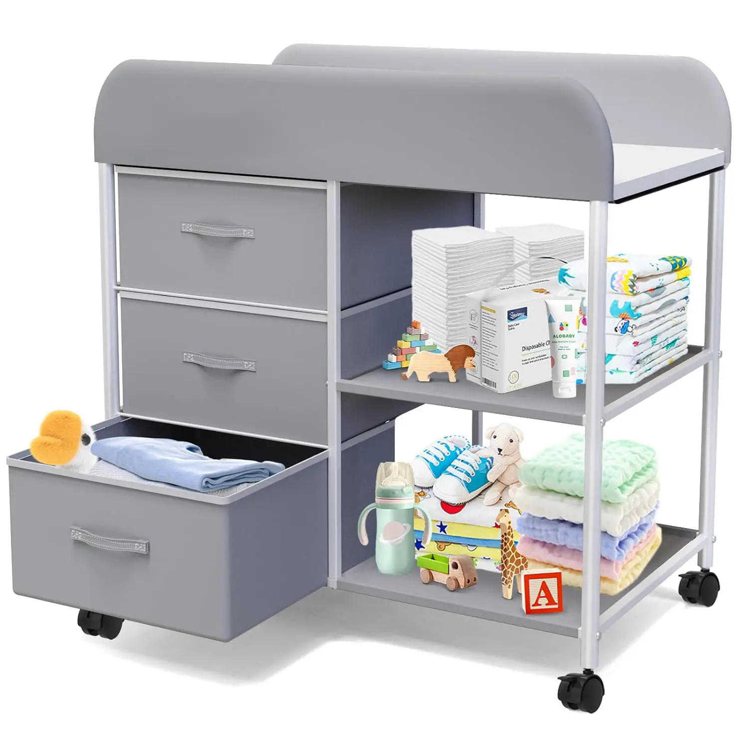 Portable Baby Changing Table and Diaper Station on Wheels, Nursery Furniture for Newborns with 3 Baskets, Waterproof Pad, Sturdy Steel Frame, Baby Items