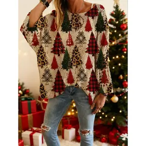 Women's Halloween Pumpkin Print Long Sleeve Knit Top, Casual Elegant Vacation Style, Loose Fit Batwing Shoulder, Spring Summer Fall Wear