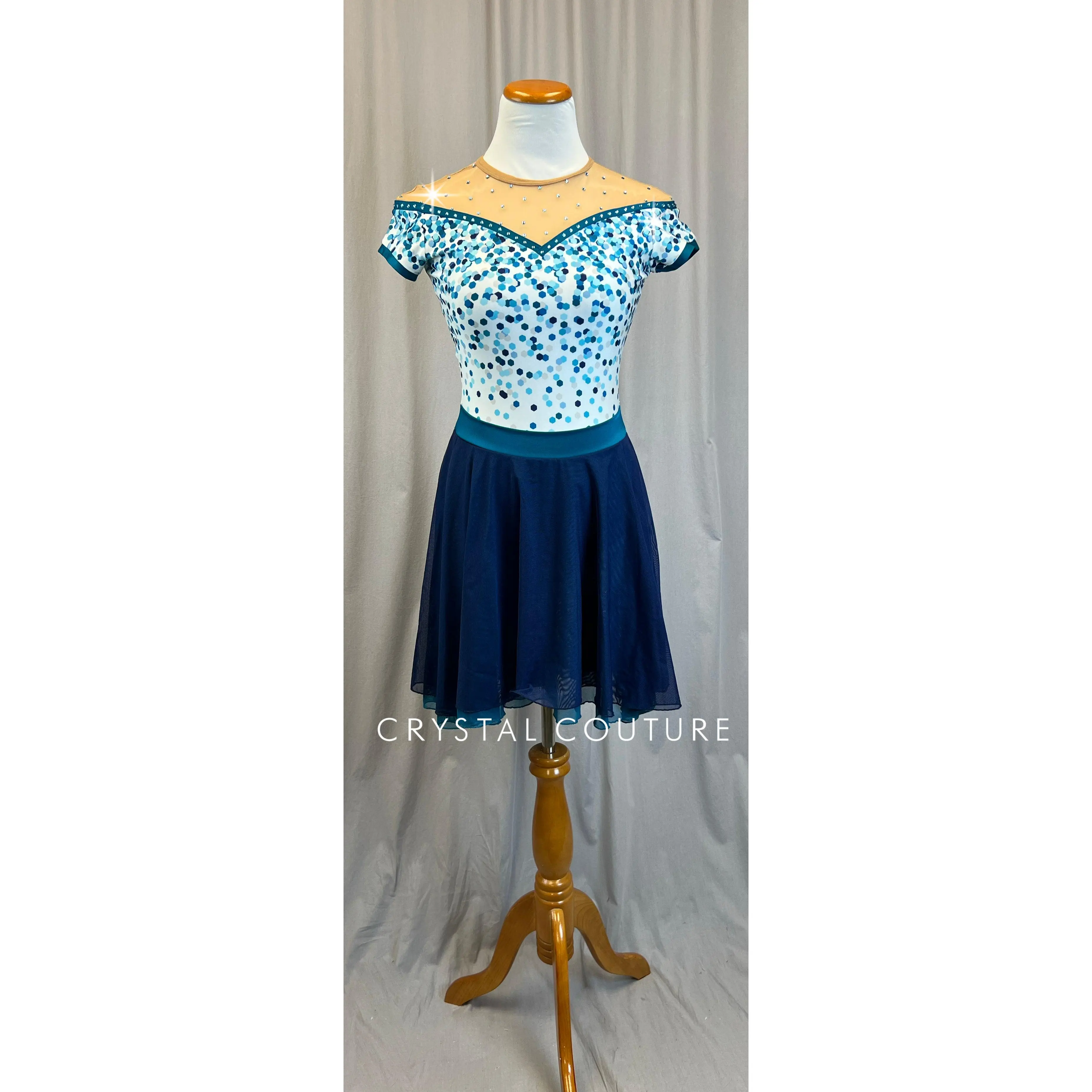 *Brand New* Blue, White, and Teal Short Sleeve Ice Skating Dress - Rhinestones