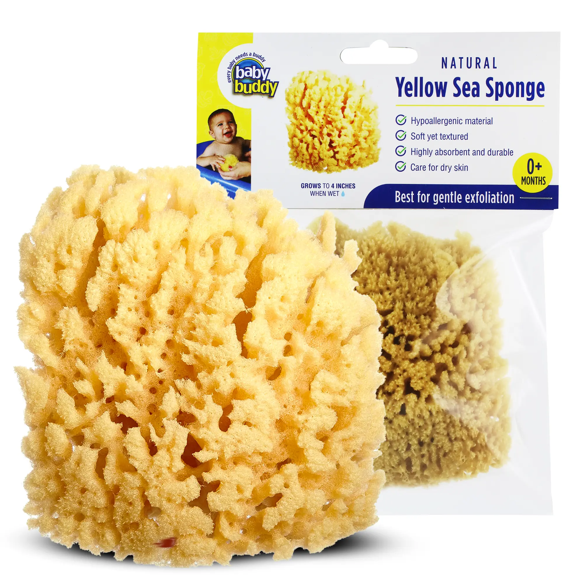 Baby Buddy Natural Baby Bath Sponge 4in Soft Yellow Sea Sponge Soft on Tender Baby Skin, Biodegradable