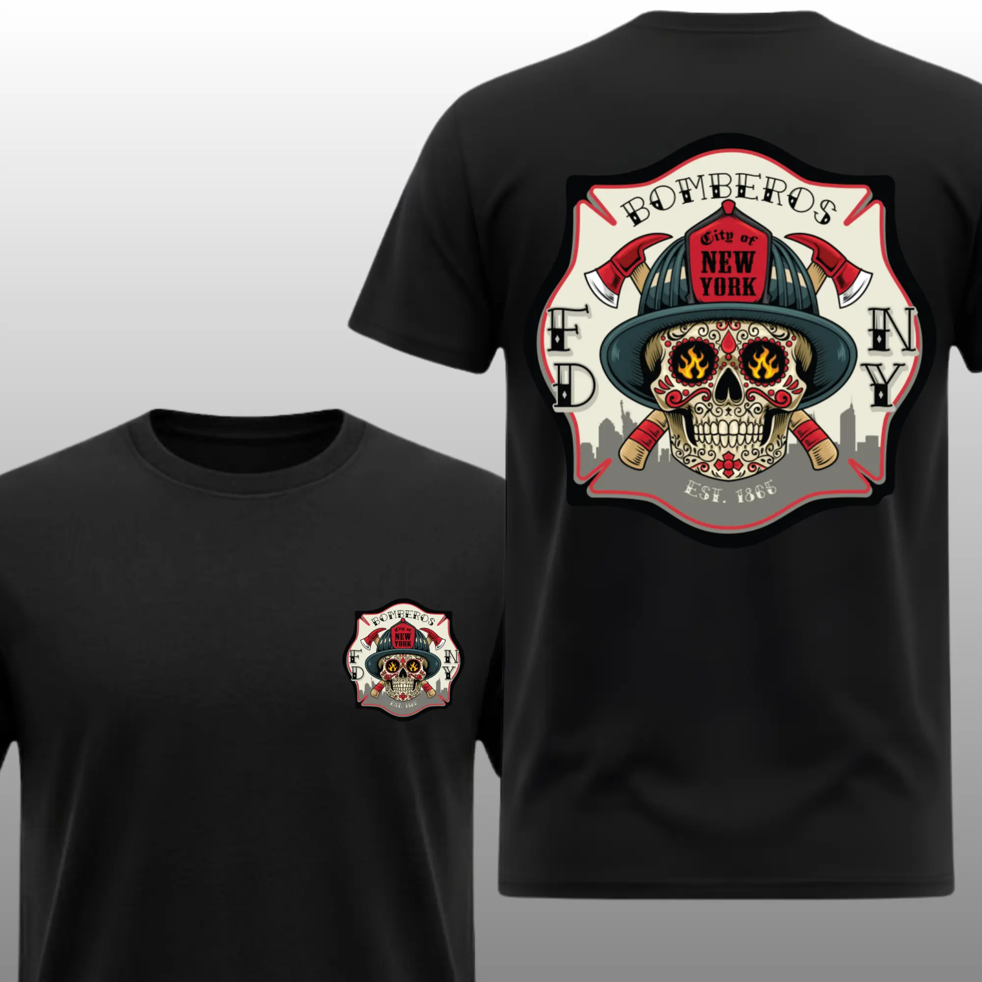 Men's Graphic T-Shirt - Casual Crew Neck Menswear Featuring a 2-Sided Bomberos Firefighter Sugar Skull Graphic, Streetwear, Tshirt, Print, Round, Shortsleeve, Round Neck, Tops, Fitted, Digital Print, Cold Wash Safe, Printed