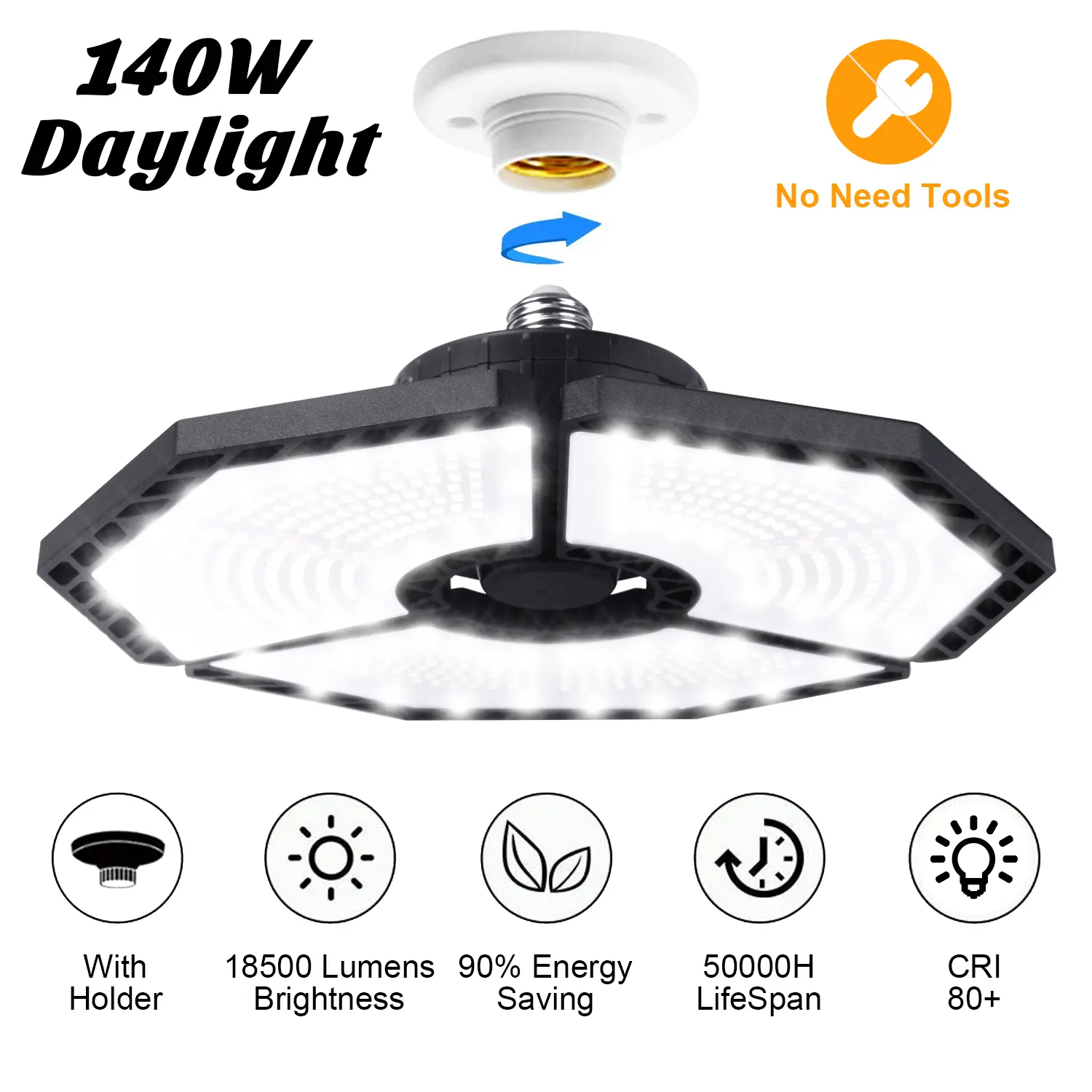 KERNOWO LED Garage Lights, 6000K Deformable LED Shop Ceiling Lights with 3 Adjustable Panels, E26 / E27 Garage Lighting for Landscape Basement Workshop Warehouse Lighting, Perfect Valentine's Day Gift