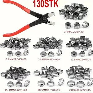 130 Piece Spring Hose Clamp Set with Manual Pliers Galvanized Metal Tool Kit, Durable Soft Tube Clamps for Air Water Pipes