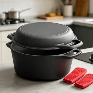 2-in-1 Pre-Seasoned Cast Iron Dutch Oven Pot with Skillet Lid Set, 10" Heavy-Duty Skillet 3QT Durable Pot for Cooking, Baking, Frying and Outdoor Camping