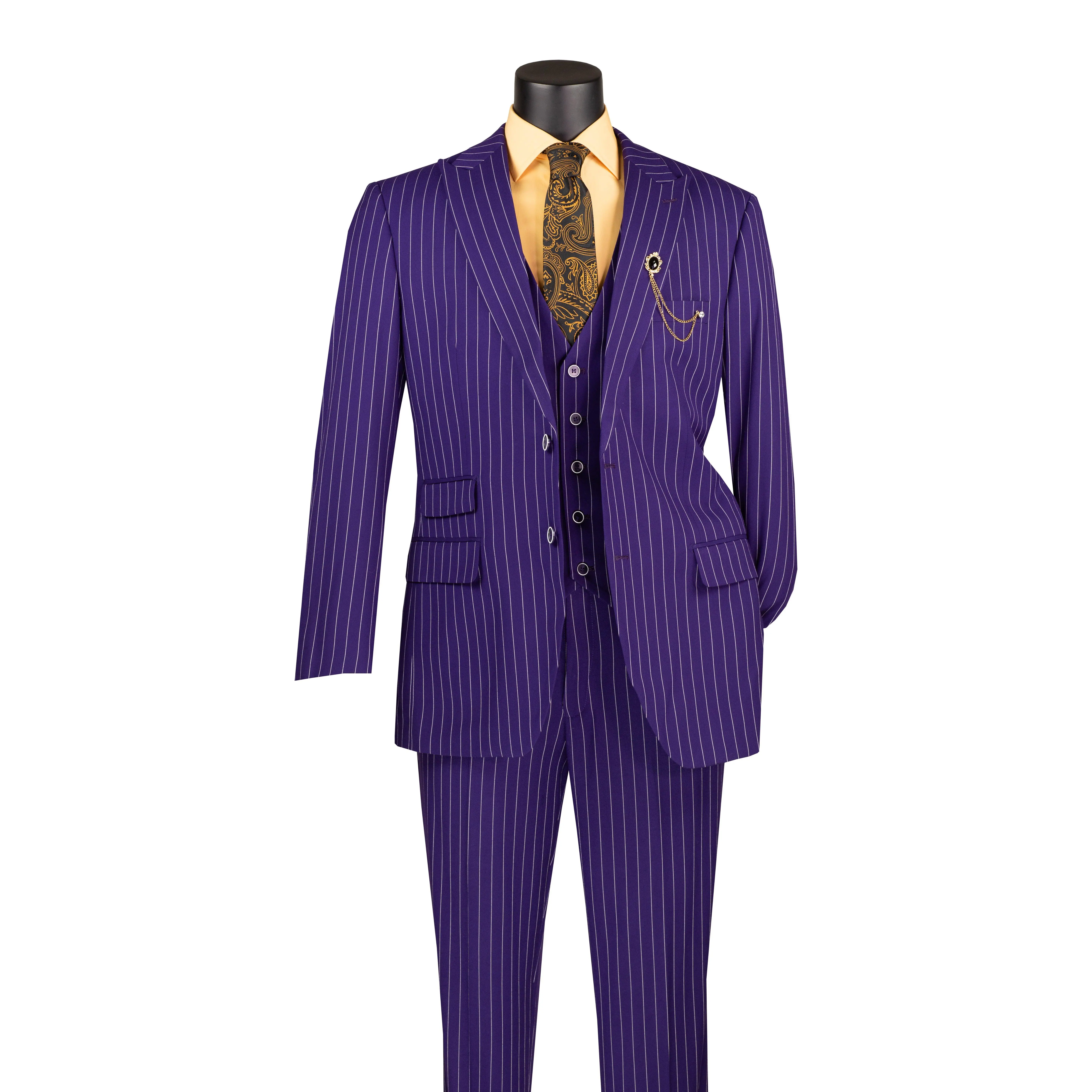 Men’s 3-Piece Pinstripe Regular Fit Suit with Peak Lapel - Purple