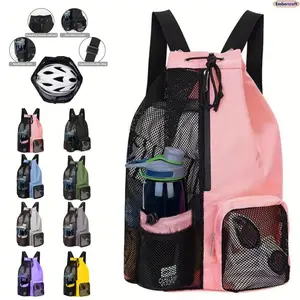 Mesh Drawstring Beach Backpack with Wet Dry Compartment, Lightweight Swim Gym Bag for Pool Days, Beach Trips & Travel, Large Capacity Sports Sackpack for Women & Men Summer Vacation Essentials