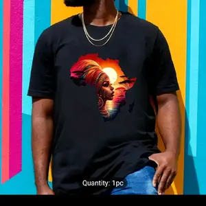 Mother Africa T-Shirt - Black Graphic Print Design with Sun and Headpiece, 1 Piece