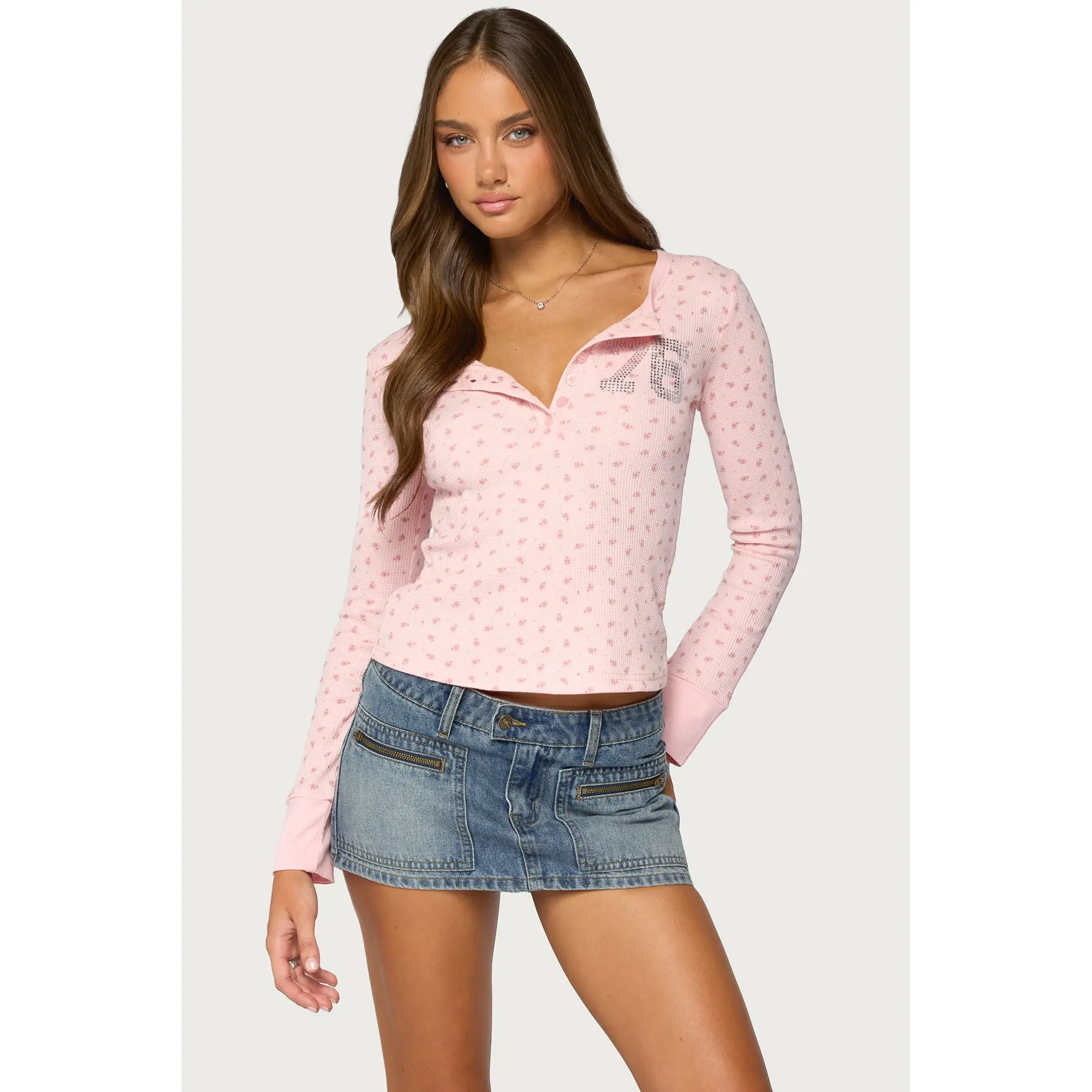 76 Rhinestone Floral Henley Top