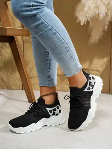 Women's Comfortable Lightweight Lace-Up Walking Shoes, Leopard Print Knit Platform Sneakers, Supportive Casual Trainers for All Day Wear