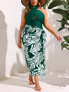 2026 Summer Plus Size Green Print Halter Two-Piece Swimsuit Set - Modest Vacation Separates, Essential for Curvy Girls, Suitable for Beach and Pool