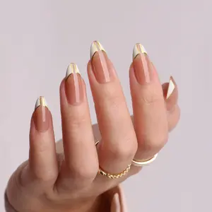Dawn's Horizon Designer Collection Almond Shape Long Press-On Nails with White French & Mirror Gold Powder 10pcs Set