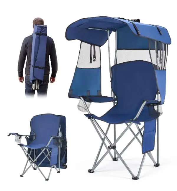 KFFKFF Folding Camping Chair with Canopy Shade, Portable Beach Chair with Storage Pocket, Dual Cup Holders, 330 lbs Weight Capacity, Carry Bags for Outdoor Activities, Camping, Fishing, Tailgating