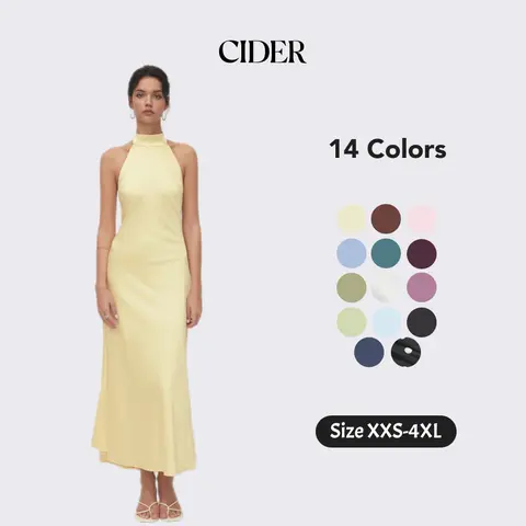 Cider Satin Maxi Dress – Halter Neckline Backless Glossy Silk-like Sexy Elegant Women's Party Wedding Guest Evening Gown, Vacation Slim Fit Beach Dress