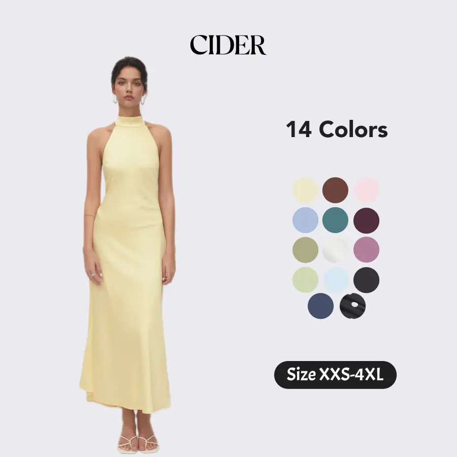Cider Satin Maxi Dress – Halter Neckline Backless Glossy Silk-like Sexy Elegant Women's Party Wedding Guest Evening Gown, Vacation Slim Fit Beach Dress
