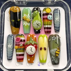 Whimsical Cartoon Handmade Press-On Nails | Playful 3D Fruit and Clock Manicure