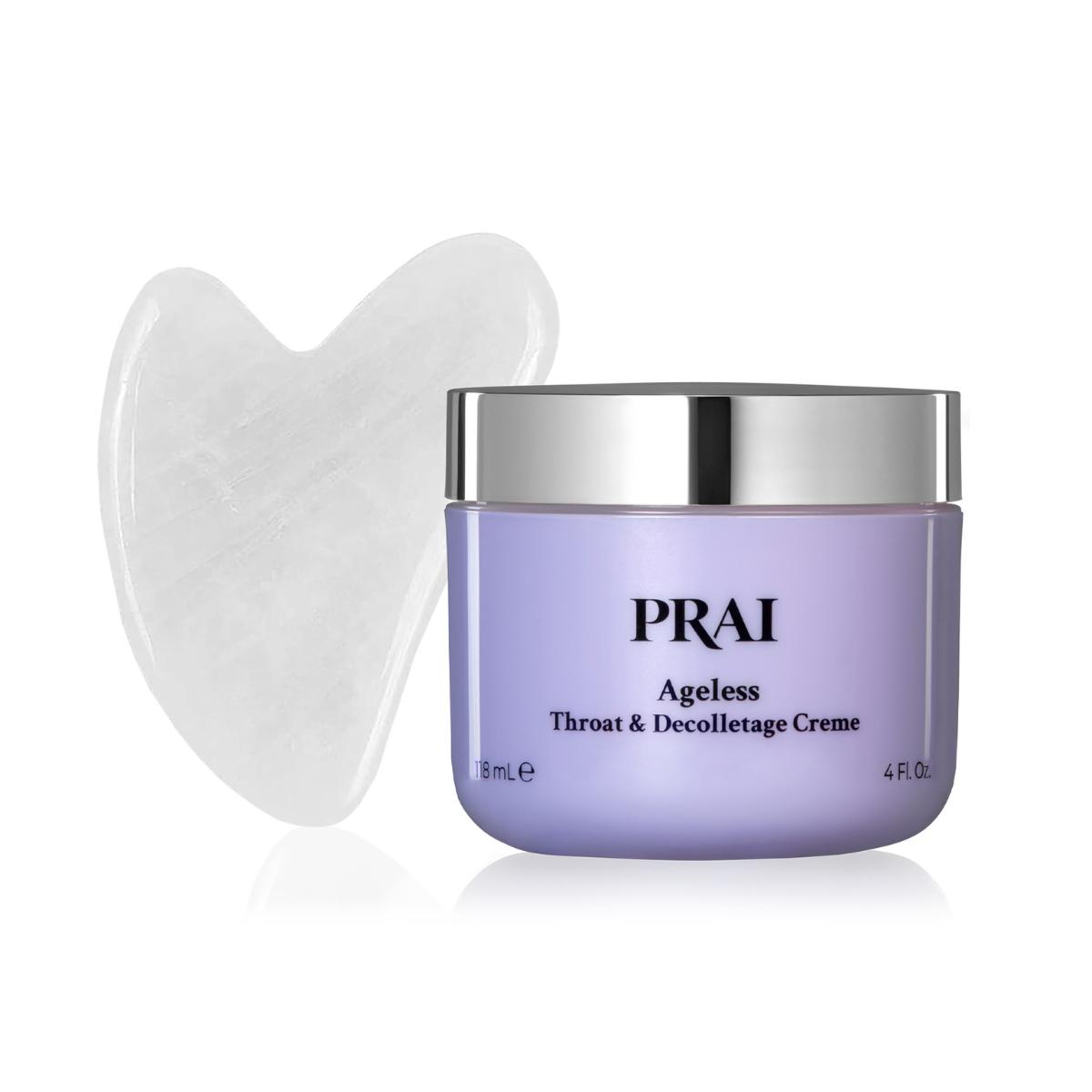 PRAI Beauty Ageless Throat & Décolleté Cream (4oz) + Jade Gua Sha Set - Hydrating, Firming Neck & Chest Cream with Hyaluronic Acid, Sepilift Technology, & PRAI Extract for Smoother, Youthful Skin - Sculpt & Lift with Jade Gua Sha