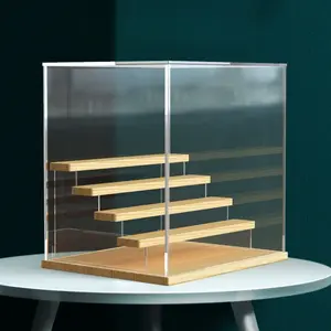 Clear Acrylic Display Case with LED Lights & Wood Riser - Dustproof Pop Mart & Collectible Figurine Storage Box - Showcase Shelf for Action Figures