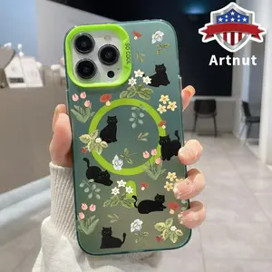 Black Cat Garden Pattern Magnetic Phone Case for iPhone 16 15 14 Pro Max 13 12 11 XR XS Plus Shockproof Drop Protection Durable PC Smartphone Cover Cellphone Protective Smartphone Casing