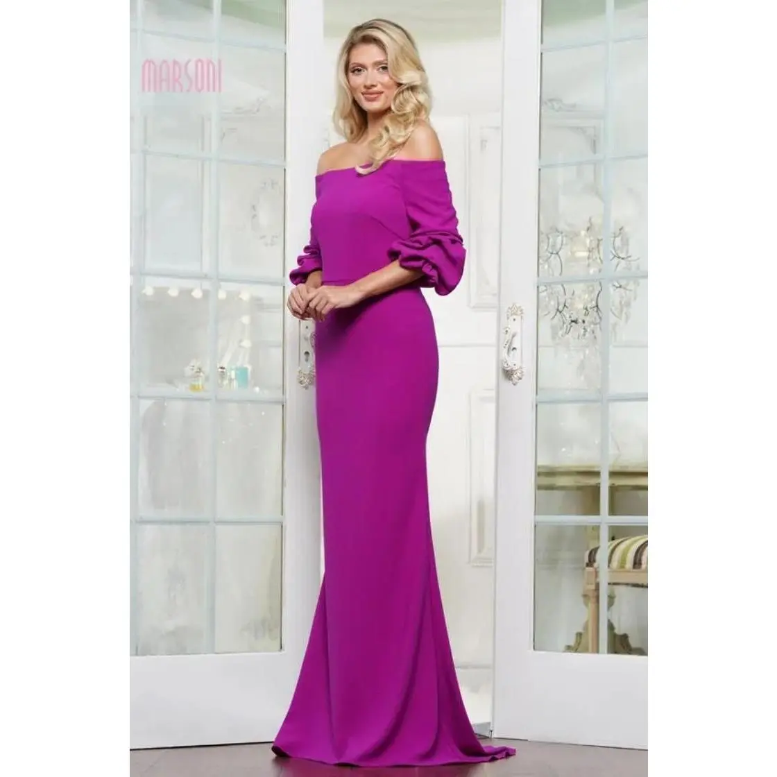 Marsoni by Colors -MV1337 Embellished Bateau Neckline Fit And Flare Evening Gown
