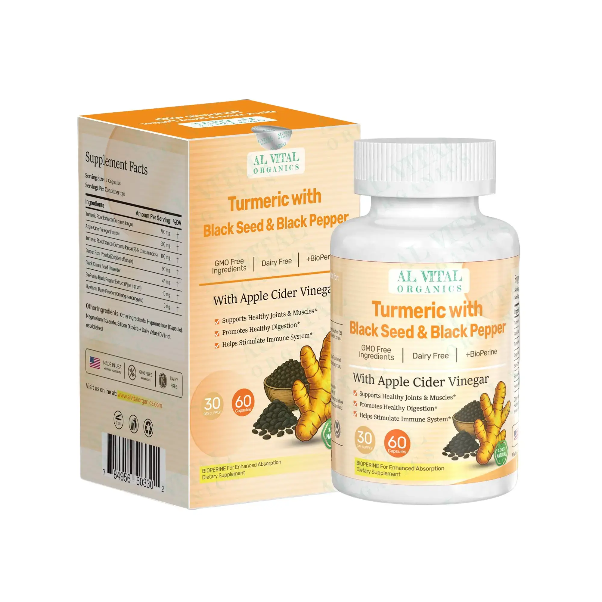 Al Vital Organics Turmeric with Black Seed & Black Pepper | Natural Support for Joint & Heart Health | GMO-Free & Dairy-Free | Dietary Supplement Capsules | Healthcare Vitamin USA Made | 60 Capsules