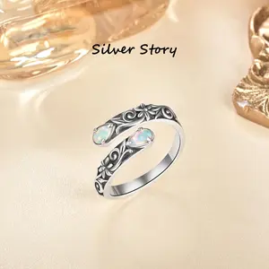 925 Sterling Silver Open Ring, Vintage Filigree Adjustable Bypass Ring, Boho Witchy Opal Promise Ring, Oxidized Silver Statement Ring for Women, Gothic Floral Opal Jewelry Gift for Her, Hypoallergenic 925 Silver Ring