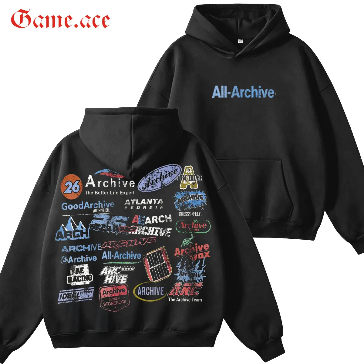 Men Pullover Hoodie, Front All‑Archive Text Logo & Back‑Printed Multi‑Label Patchwork Vintage Distressed Grunge Graphic Sweatshirt, Comfort Fit Casual Street Hoodie for Fall Winter Y2K Hip‑Hop Urban Daily Outfits