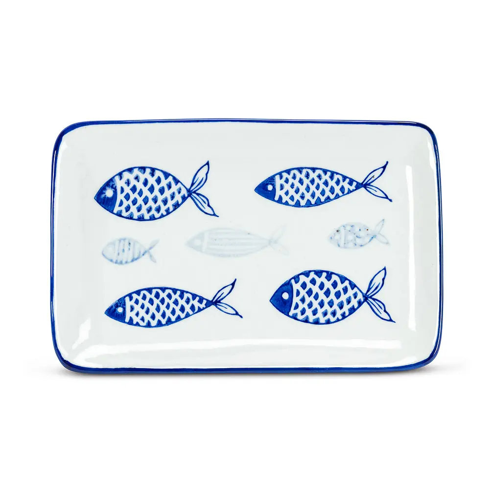 Abbott Collection Blue & White Stylish Rectangle Porcelain Dinner Plate - 5x7.5 in Large Serving Dish