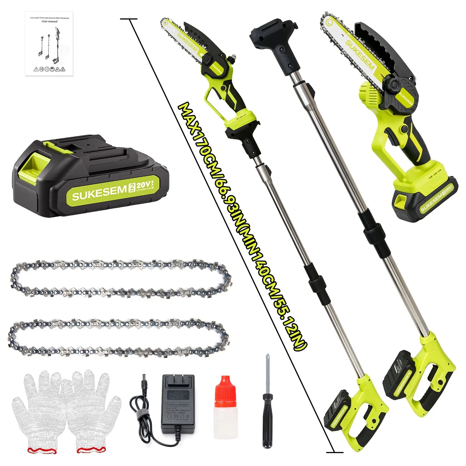 2-in-1 Cordless Battery Powered Pruning Chainsaw, 6-in Brushless 21V 2000mAh Plastic Handheld Extendable Pole Saw w/Charger Set for Yard Garden Cutting (Father’s Day Gift Option)