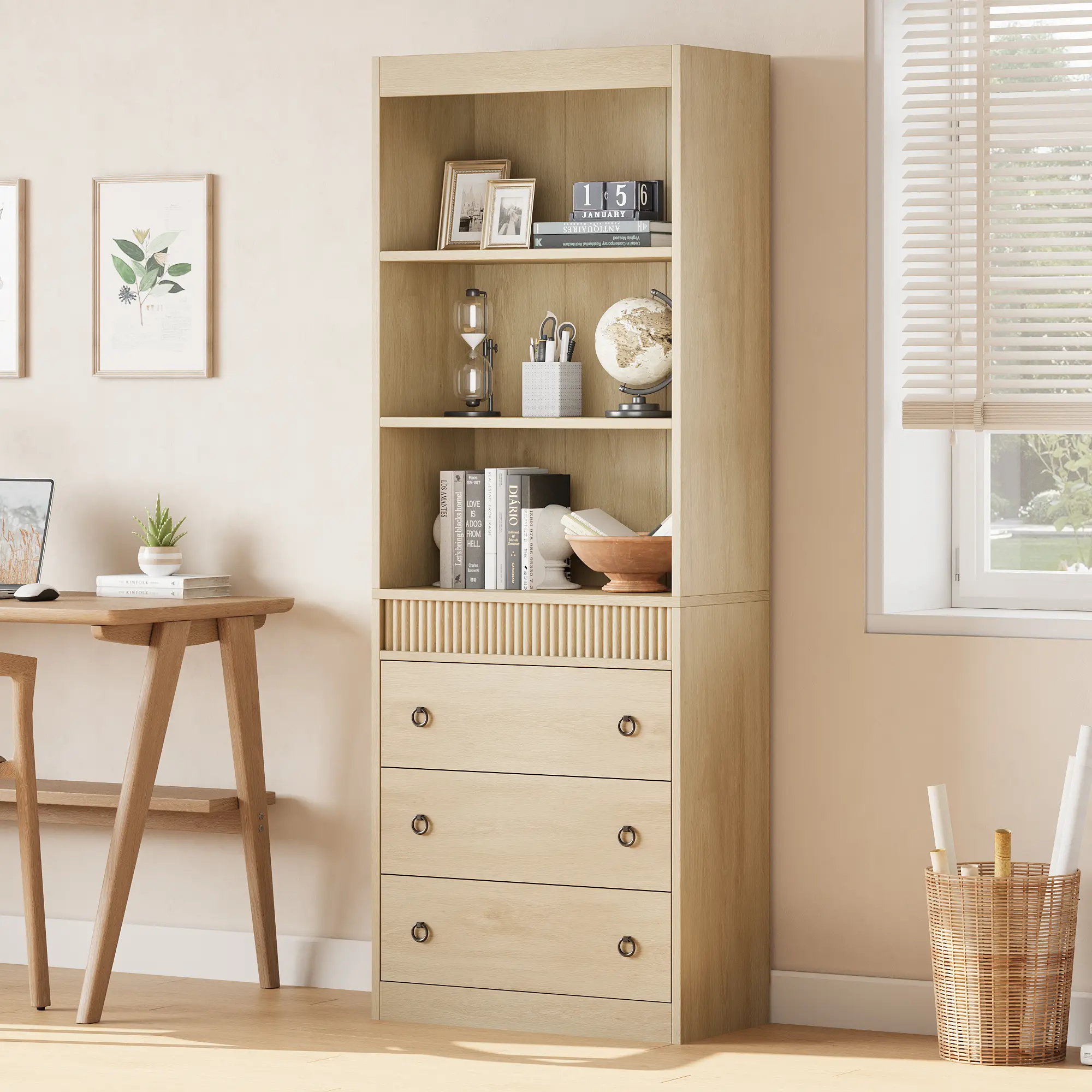 Tall Fluted Wood 6-Tier Bookshelf with Drawers - 23.6" W x 13.78" D x 70.8" H Modern Open Display Storage Cabinet - Living Room, Dining Room, Office Furniture