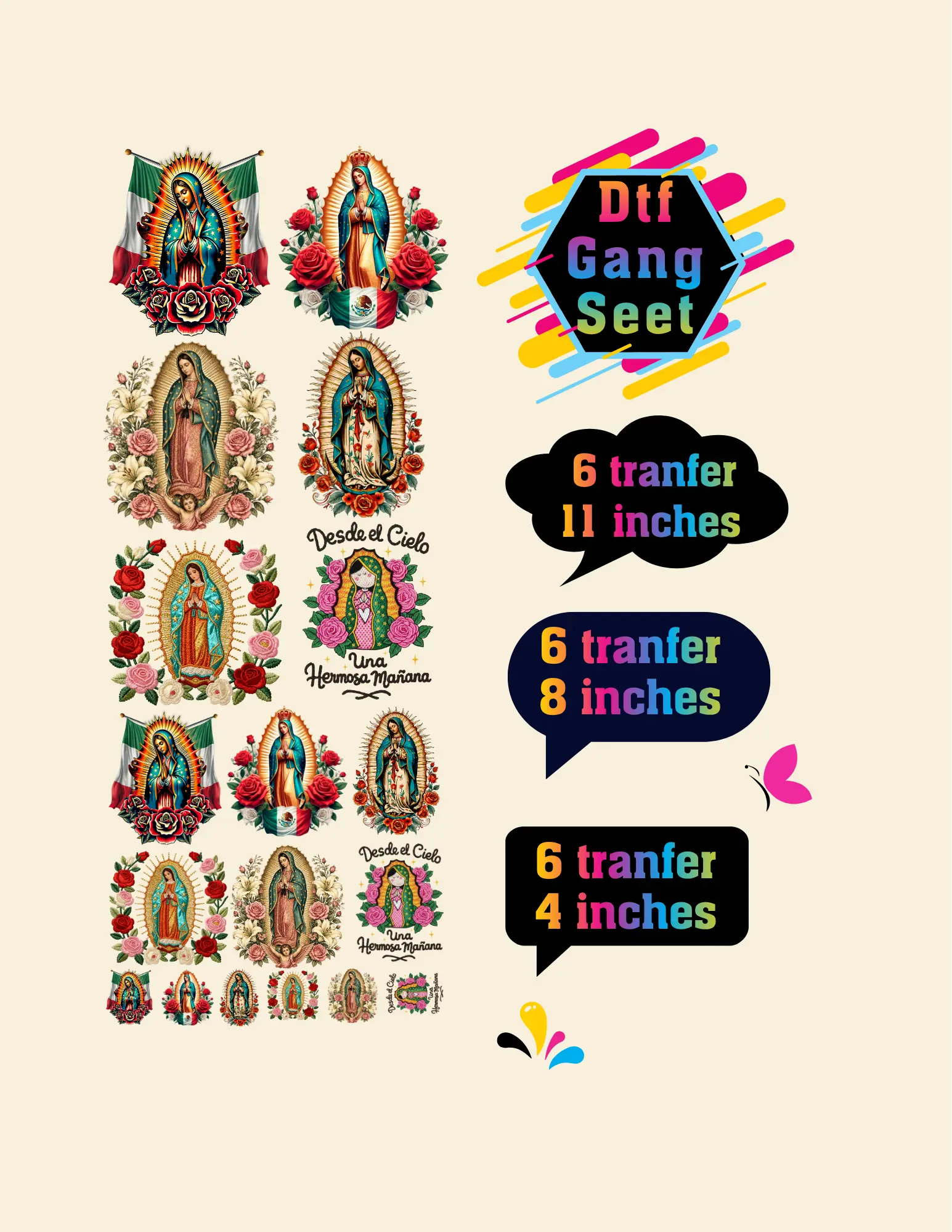 Dtf gang sheet Virgen Guadalupe