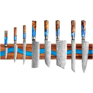 Magnetic Knife Holder, 15.7 inches, walnut wood and resin magnetic knife bar for wall mounting, heavy-duty magnet holds up to 8 knives, handcrafted ocean blue
