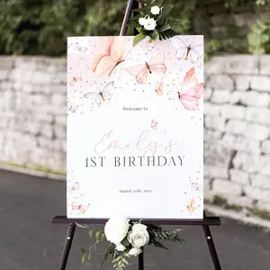 Editable Butterfly First Birthday Welcome Sign Pink Butterfly Birthday Welcome Poster Girl Butterfly Party Sign