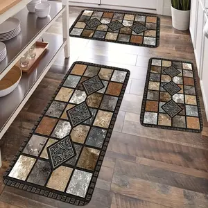 3pcs Kitchen Mat Set, Classic Geometric Stone Mat, Retro Country Style Mat, Farmhouse Kitchen Decor Small Mat, Flannel Material, Soft and Comfortable, Suitable for Bedroom, Living Room, Dining Room, Kitchen, Bathroom, Entrance, Laundry Room Mat Decorative