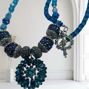 Custom Made Crystal Pendant Necklace with Blue Beads, Unique Design, Elegant Style, Custom Craftsmanship
