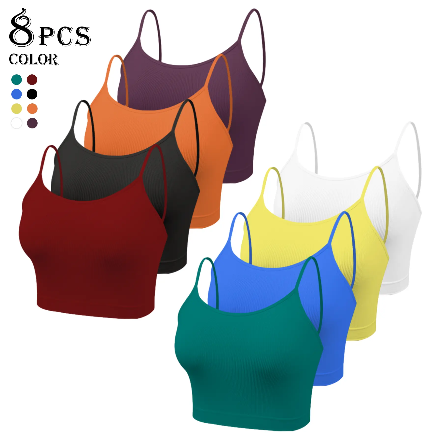 8 Pack Ribbed Seamless Wireless Sports Bra for Women, Soft Stretch Breathable All Season Yoga Workout Lingerie, Multipack Solid Color Camisole Innerwear