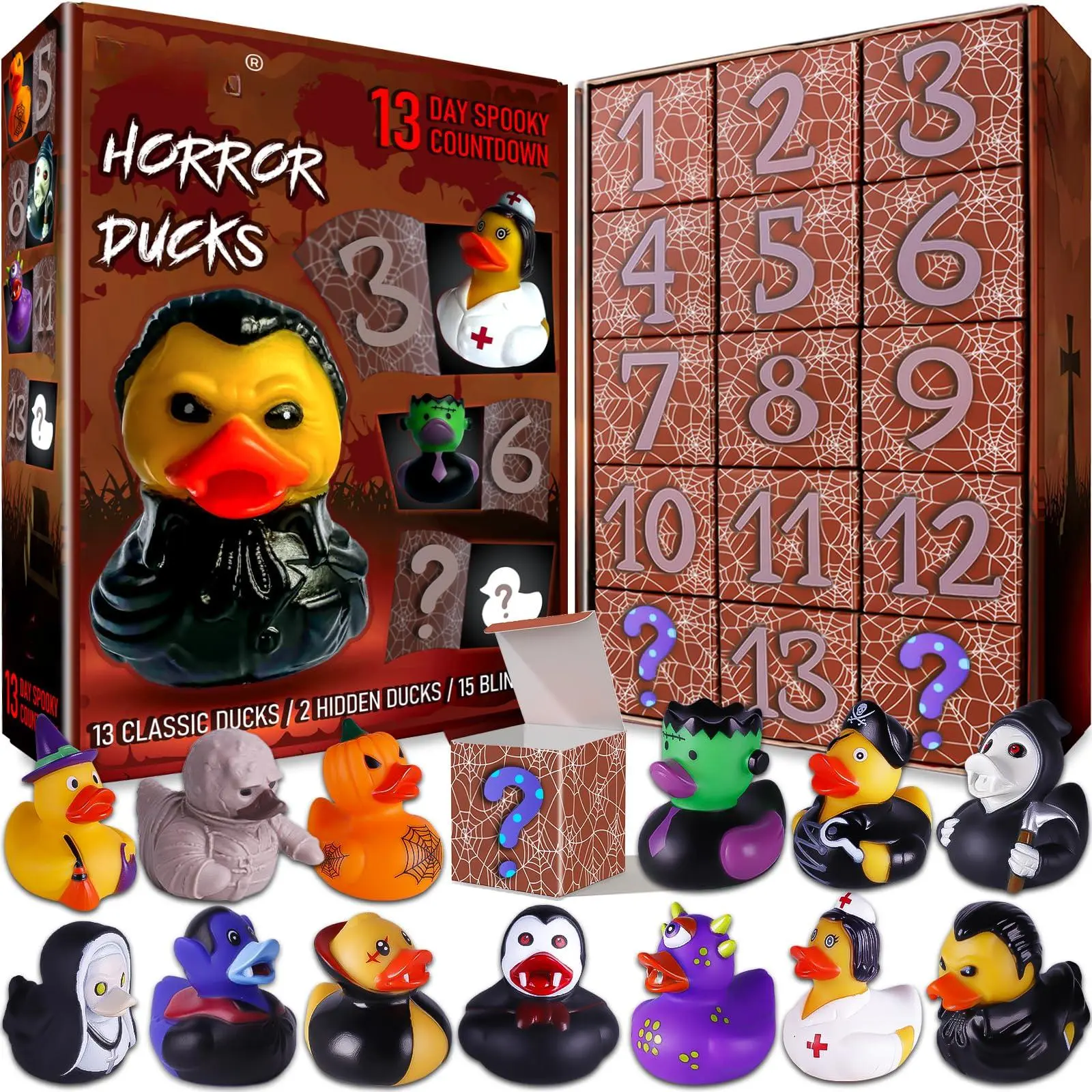 2025 Spooky Advent Calendar, 13-Day Horror-Themed Countdown with Decorative Rubber Ducks, Includes 2 Hidden Figures for Collectors, Christmas, Holidays, Collectible, Hidden Ducks, Dual-Themed Countdown, Long-Lasting, Synthetics