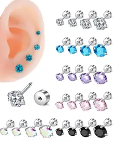 Stainless Steel Helix & Tragus Earring Set, 18g Opal & Cz Accents, Cartilage Piercing Jewelry, Sizes 3mm-6mm, Unisex Design, Cartilage Stud