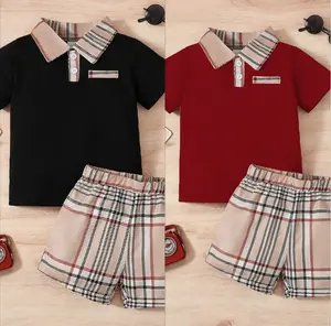 Ready Stock 18m-6y Kids Clothes Short Sleeve Patchwork Lapel Shirt Elastic Plaid Short Set 2Pcs Casual Outfit 224041622 Polo Shirt