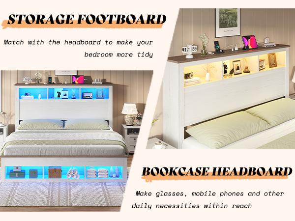 AMERLIFE Bed Frame with Bookcase Storage Headboard and Footboard, LED Platform Bed with Charging Station, No Box Spring Needed, Noise Free/Best Gift Ideas/Christmas Gifts